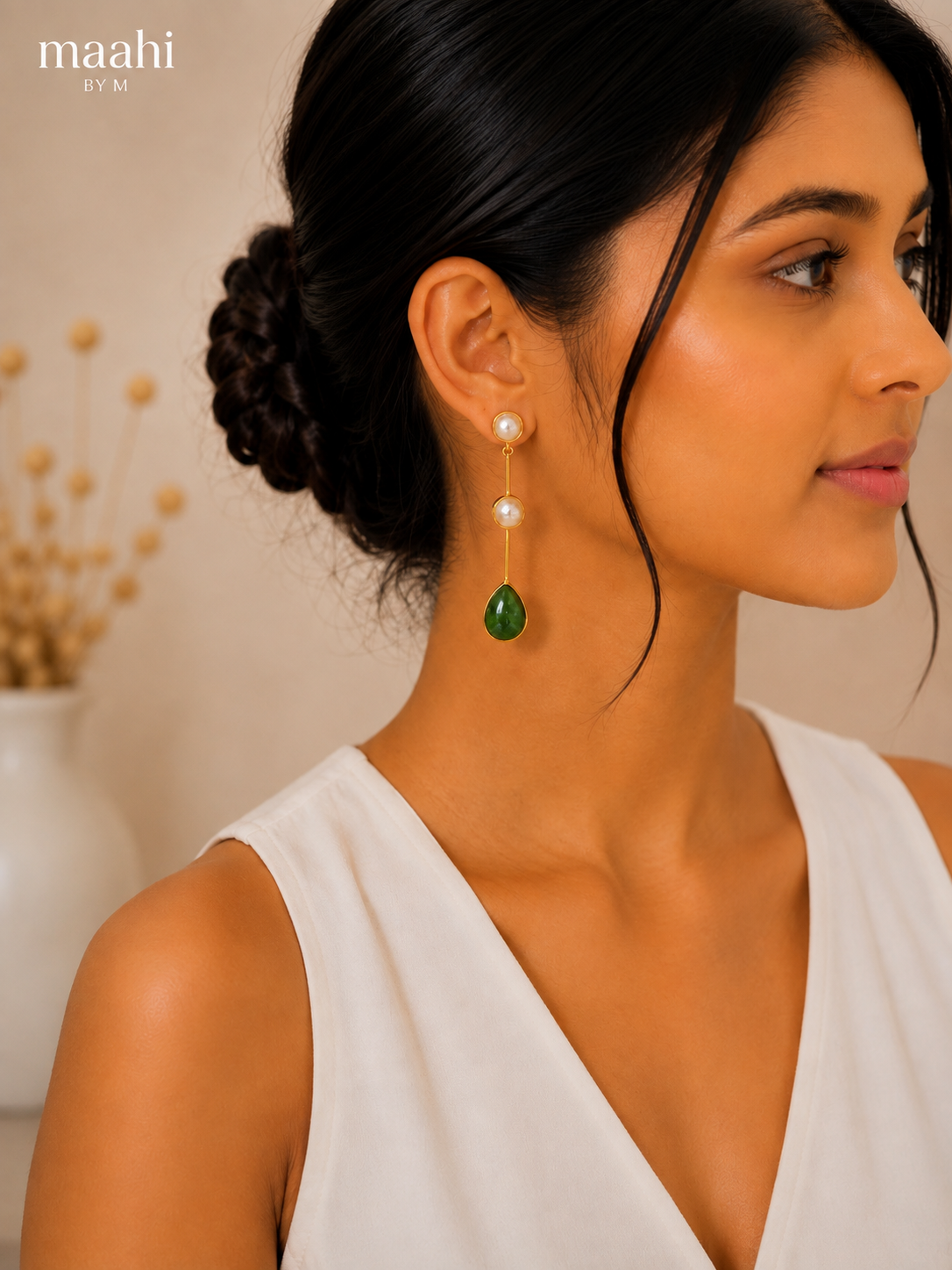 Green Aventurine Pearl String Earring