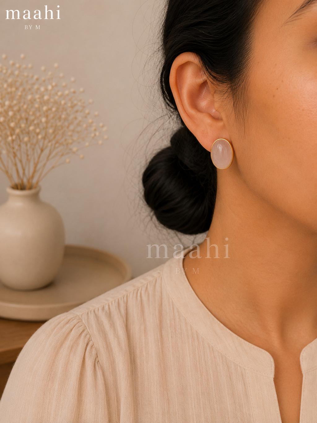 Rose Quartz Big Oval Stud