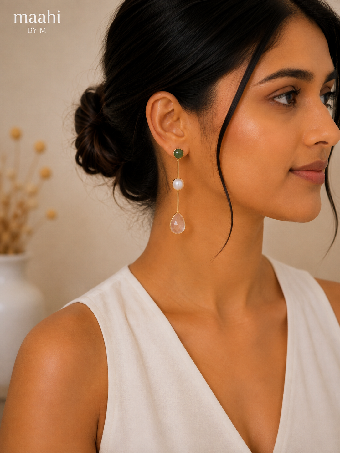 Green Aventurine Rose Quartz String Earring