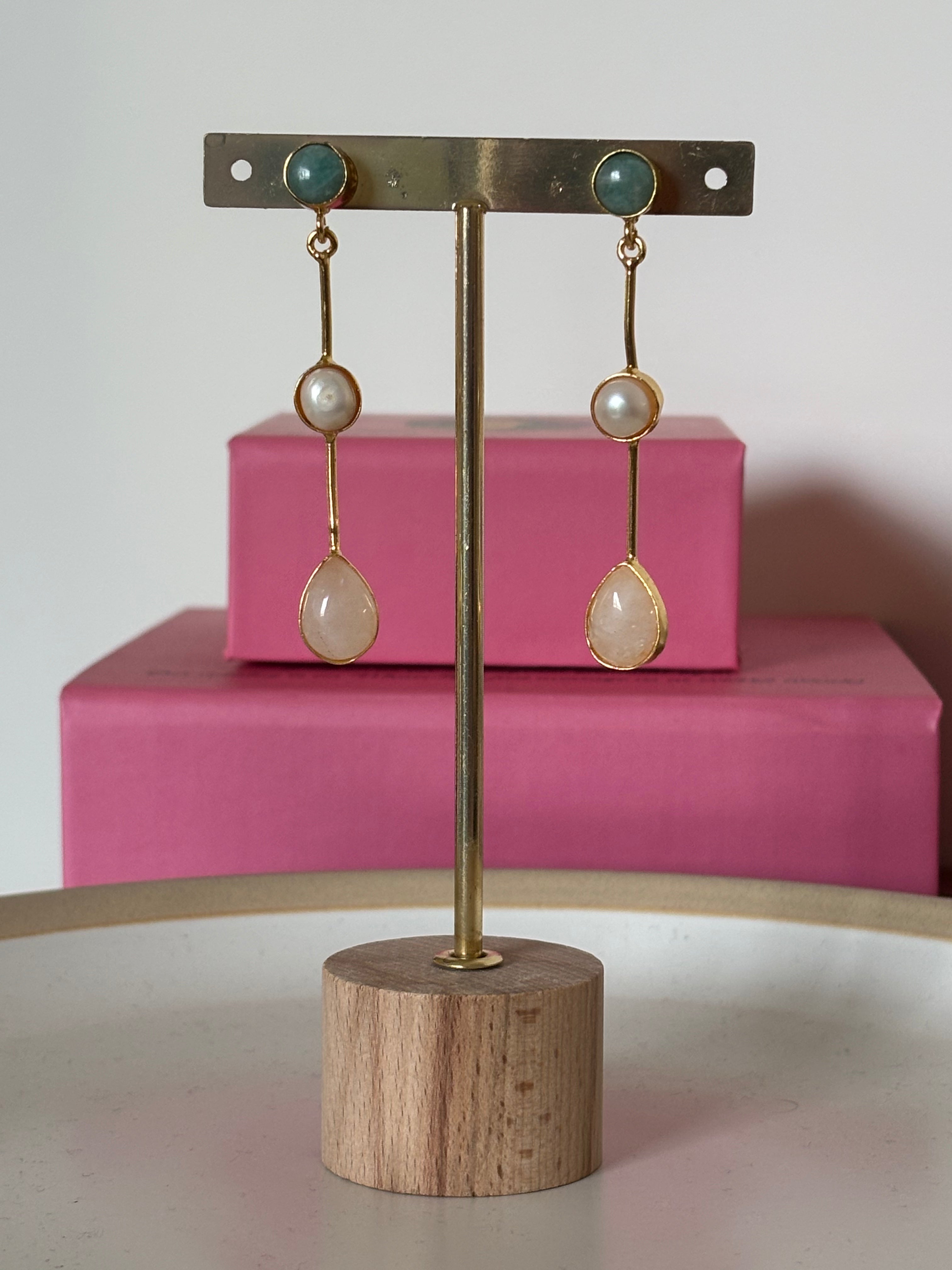 Amazonite Rose Quartz String Earring