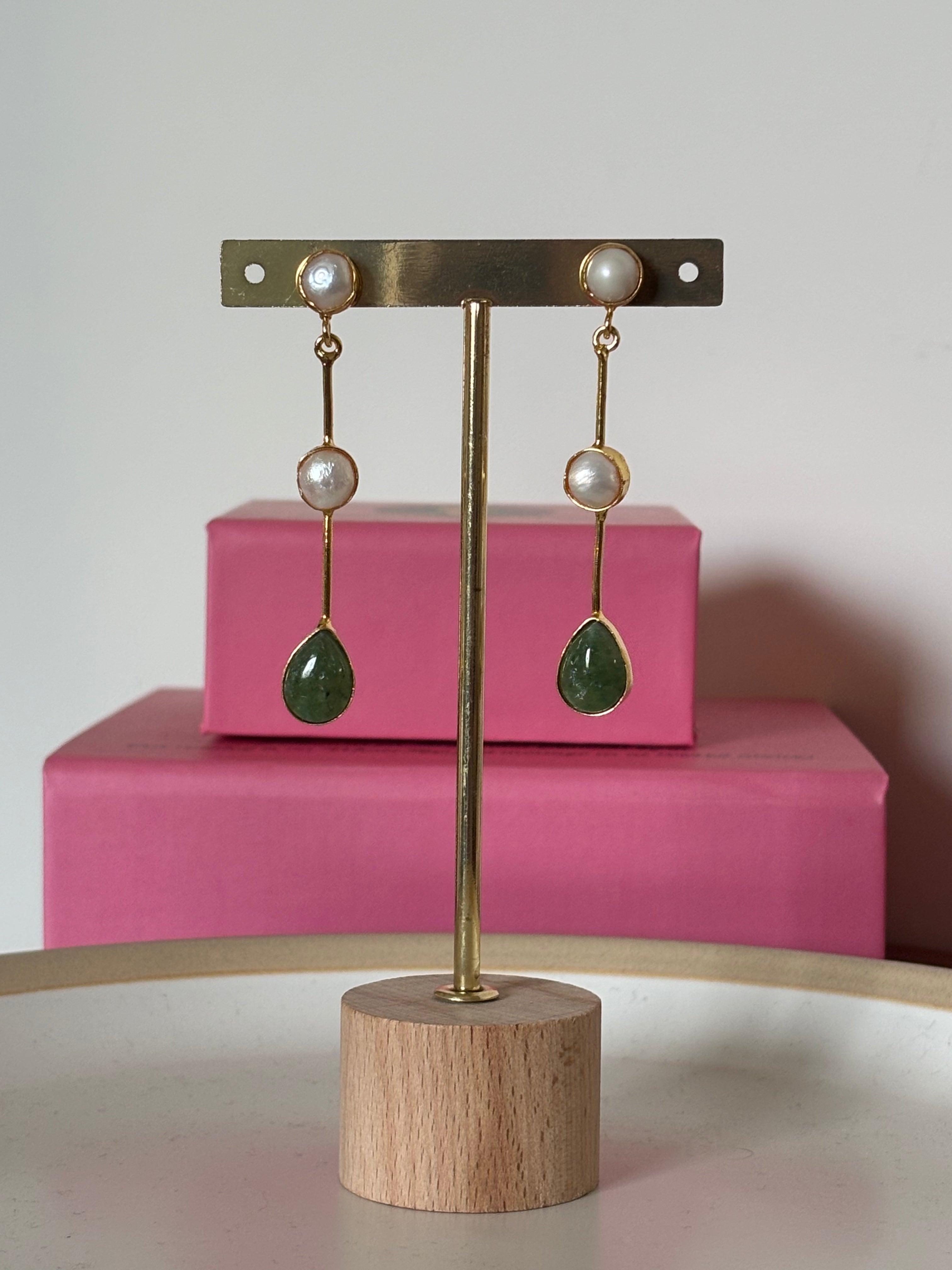Green Aventurine Pearl String Earring