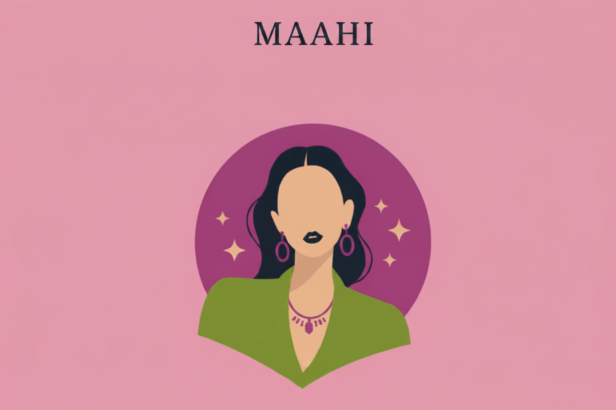 A stylized illustration on a pink background with the text  MAAHI. The center shows a woman's bust with dark hair, black lips, and jewelry including hoop earrings and a necklace, set against a purple circular backdrop with small gold stars.